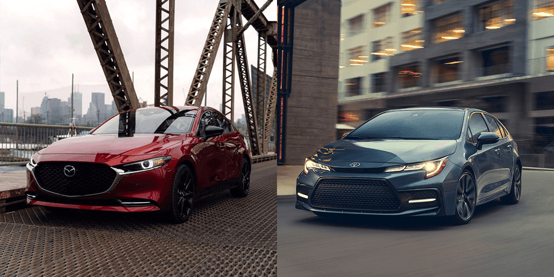 Comparatif entre la Mazda Mazda3 2021 (gauche) et la Toyota Corolla 2022 (droite)