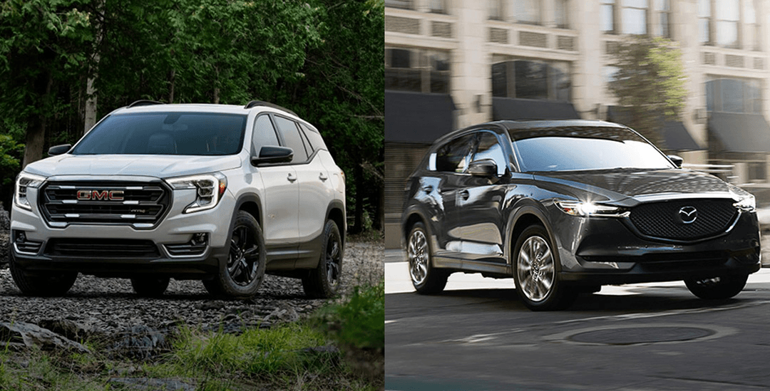 comparatif entre le GMC Terrain 2022 (gauche) et le Mazda CX-5 2021.5 (droite)